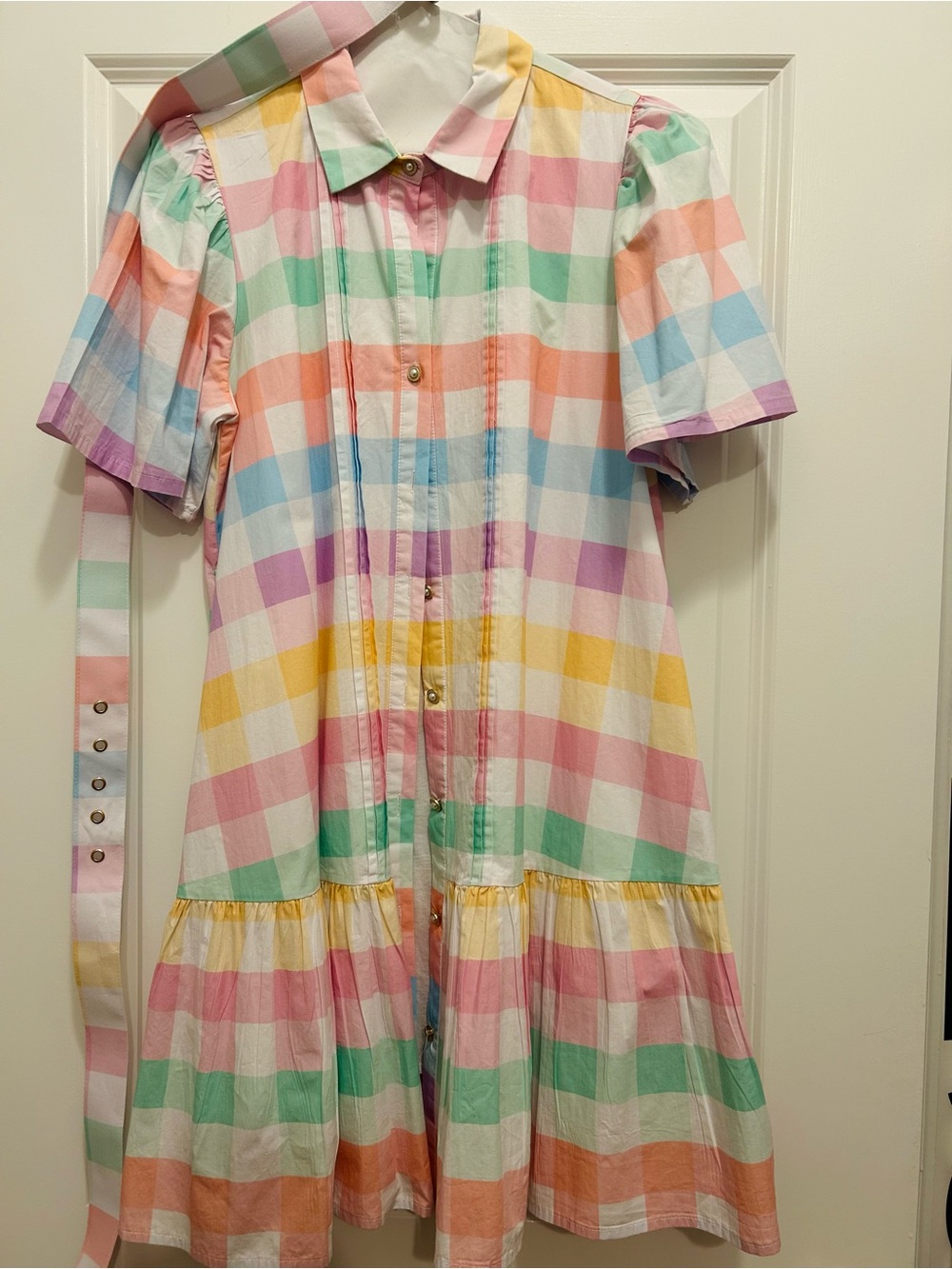 Red Dress Boutique Pastel Plaid Belted Mini Dress - Multi Pastels - Picture 3 of 5